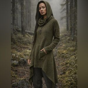 Thaluta Asymmetrical Long Hooded Sweater Coat Sheela Olive Women’s Small Medium